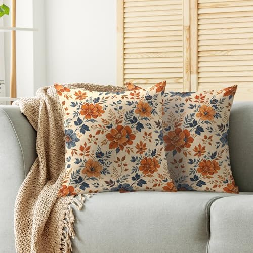 Orange Blue Fall Floral Pillow Covers 20X20 Set of 2, Autumn Colored