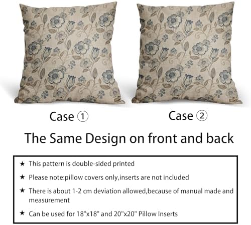 Brown Blue Floral Pillow Covers 22x22 Set of 2,Vintage Flower Print