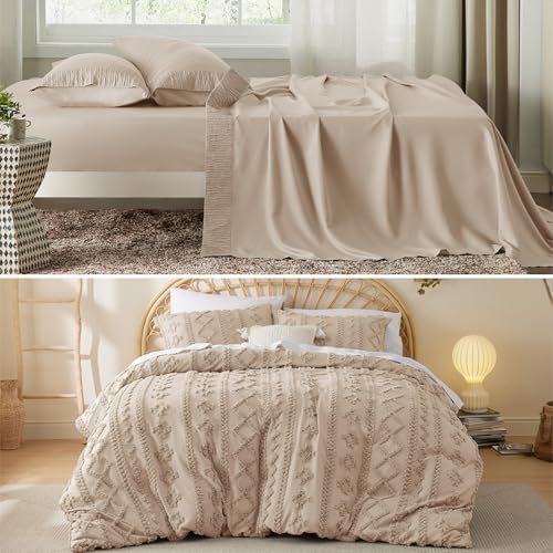 Bedsure Queen Size Light Khaki Sheet Set and Boho Duvet Cover Set with