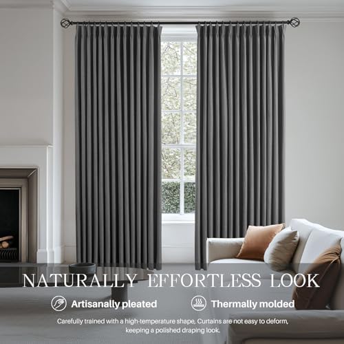 Pinch Pleated Linen Curtains 100% Blackout 108 Inches Long for Bedroom