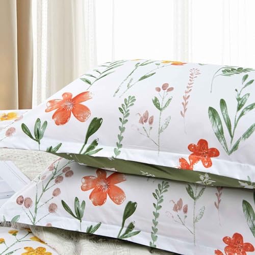 Nanko Floral Duvet Cover King Size, 3 Pieces Green Leaves Yellow