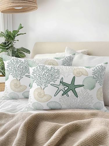 Outdoor Pillows Waterproof, Green Coastal Bedding Throw Pillows with