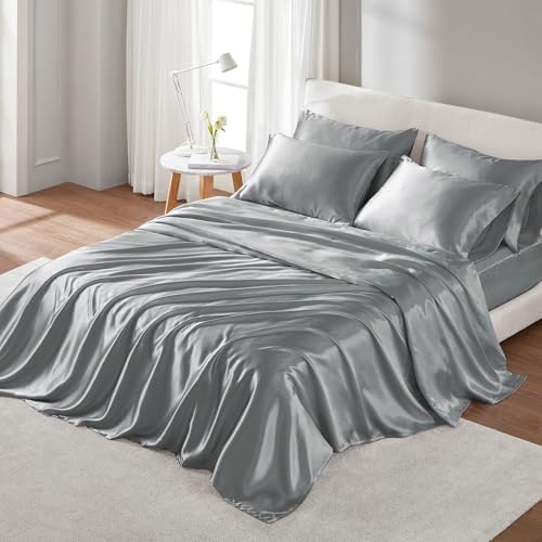 Madison Park Essentials Satin Sheets King Size Bed Set, 6 Piece, Grey
