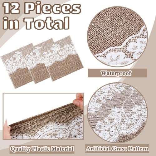 Newwiee 12 Pack Plastic Table Runner 14 x 108 Inch Natural Burlap