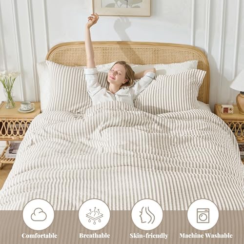 MILDLY Jacquard Striped Duvet Cover Set 2pcs Dual Zipper Khaki Twin