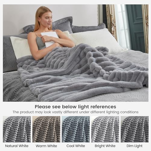 Cozy Bliss Faux Fur Throw Blanket for Couch, Cozy Warm Plush Striped