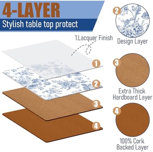 6 Sets Blue Floral Cork Placemats with 6 Coasters, 16x12 Inches Heat