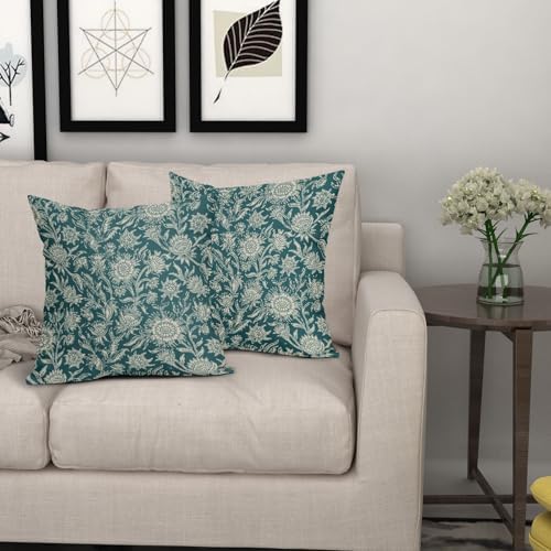 Teal Vintage Floral Pillow Covers 20x20 Inch Set of 2 Neutral Flower