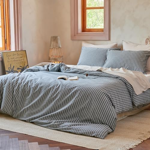 QKTE Striped 100% Washed Cotton Duvet Cover Set King Size 3Pcs