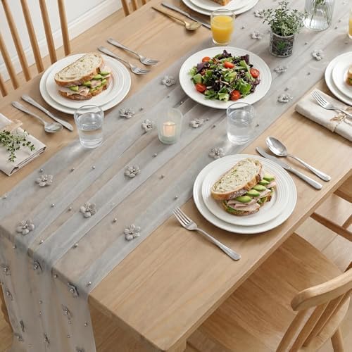 Artoid Mode Gray Flower Pearl Gray Gauze Table Runner 10FT, Seasonal