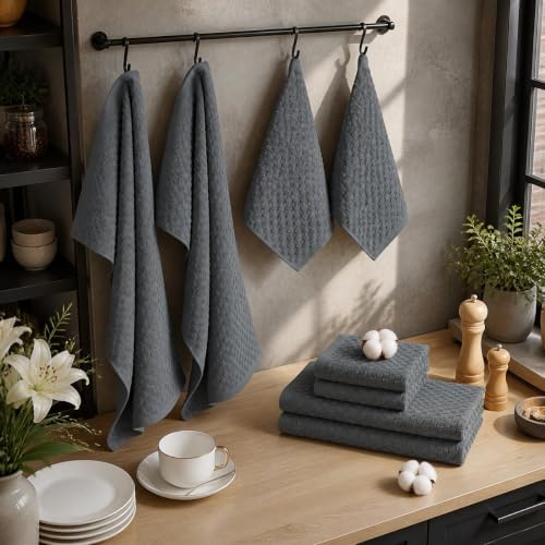 8 Pack Kitchen Towels and Dishcloths Set, Dark Grey