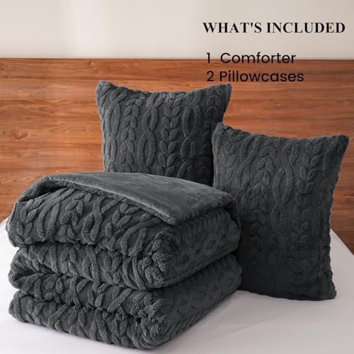 PHF Fluffy Sherpa Fleece Queen Comforter Set, 3 Pieces Warm Fuzzy Soft
