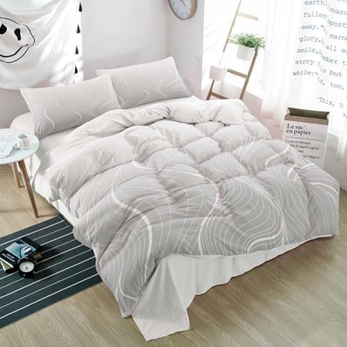 Duvet Cover Set Queen, Gray Ripple White Geometric Stripes 3 Piece