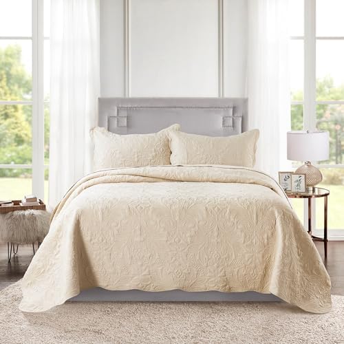 HoneiLife Quilt Set Queen Size - 3 Piece Embroidered Microfiber