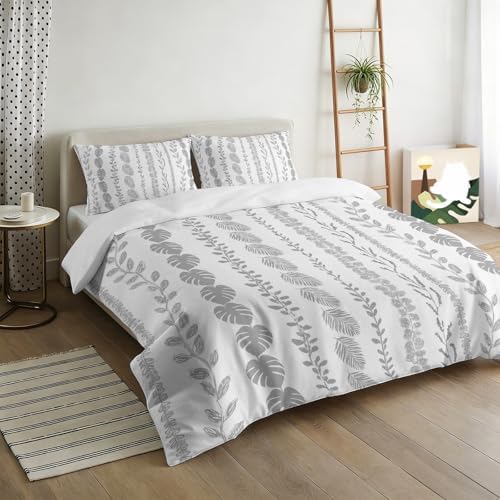 3 Pieces Bedding Set King Size, Grey Botanical Soft Duvet Covers Set