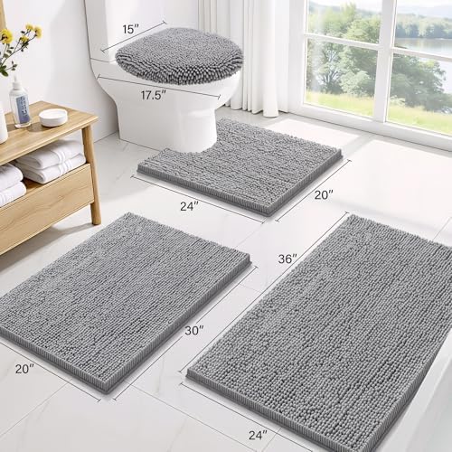 Smiry Chenille Bathroom Rugs Sets 3 Piece (30x20+24x16+24x20, Grey)