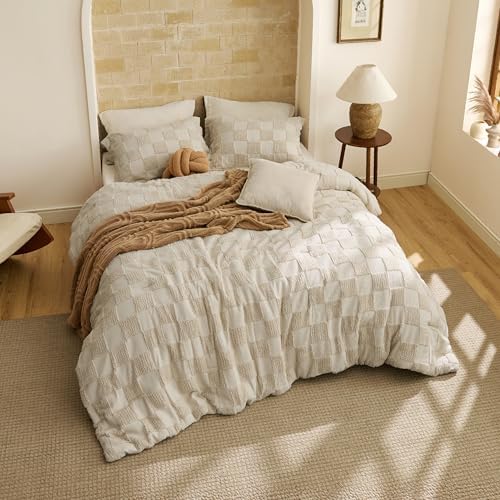Bedsure King Size Comforter Set Boho, Vintage Plaid Bedding Set Beige
