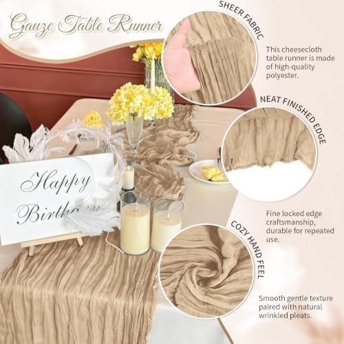 Beige Boho Cheesecloth Table Runner 12 Pack 17x108 Inch Sheer Gauze