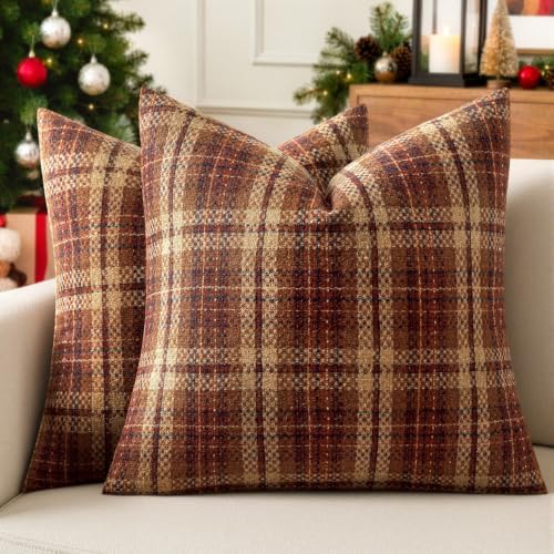 MIULEE Tartan Plaid Throw Pillow Covers Fall 20x20 Inch Reddish Brown