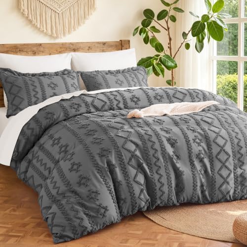 MR&HM Boho Duvet Cover Queen, Vintage Tufted Bedding, 3-Piece, Dark