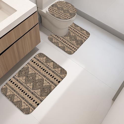Geometric Bathroom Mat Sets 3 Piece, Rustic Beige Pattern Absorbent
