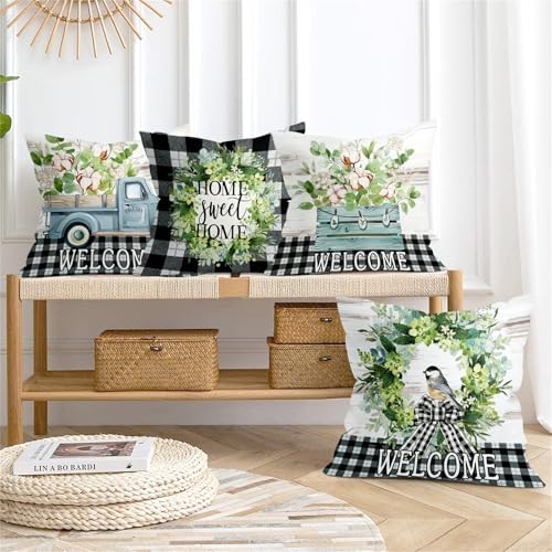 20x20 Set of 4 Green Eucalyptus Leaves Throw Pillow Cushion Cover