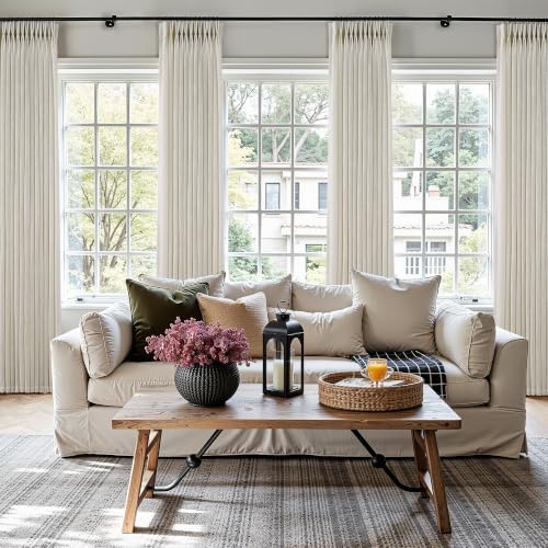 Pinch Pleated Curtains 120 Inches Long Semi Sheer 2 Panels Linen Beige