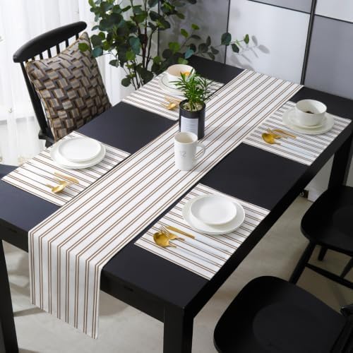 Oatmeal Stripes Table Runner and Placemats Set of 6 Oatmeal Cotton
