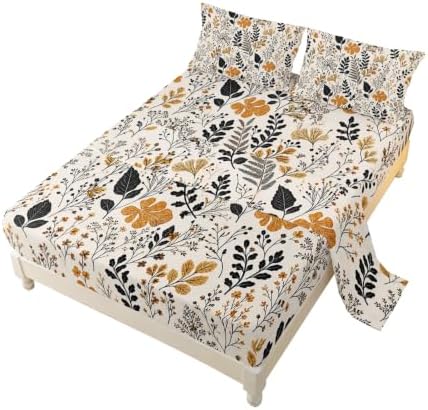 AILONEN Full 4 Piece Fitted Sheet Set, Black Mustard Botanical Sprigs