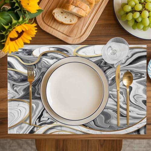 Abstract Gray Gold Marble Texture Placemats Set of 6 Washable Table
