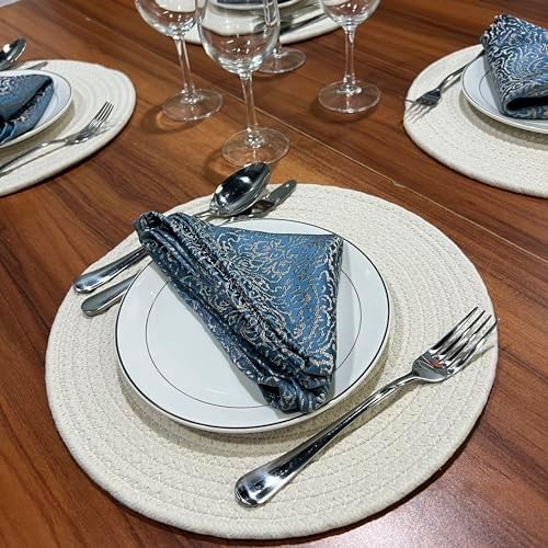 WAZAIGUR Round Placemats Set of 6 Thick Cotton Rope, 13inch, Cream