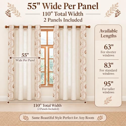 Linen Curtains 95 Inch Brown Floral Drapes Back Tab 2 Panels