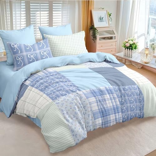 Nayoroom Plaid Duvet Cover Queen Reversible Blue Patchwork Coastal