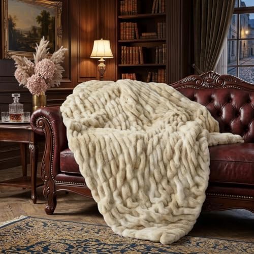Soft Faux Fur Throw Blanket for Couch, Double Side, 60"x80", Camel Tie