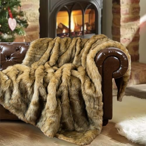 BATTILO Luxury Golden Faux Fur Throw Blanket for Bed, 60"x 80", Thick