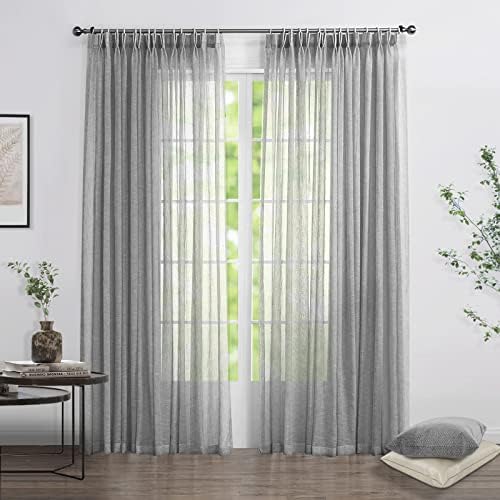 Sheer Curtains 108 inches Long, Faux Linen Double Pleated Window Sheer