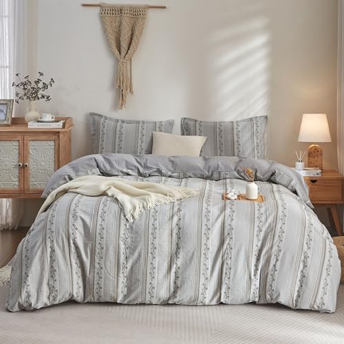 Bailix Floral Striped Duvet Cover Set Queen Size, 100% Washed Cotton