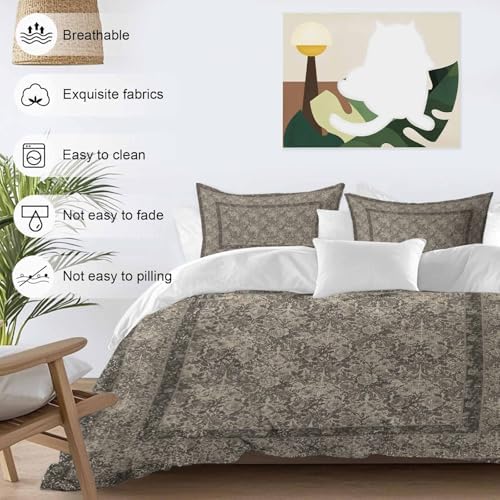 Grey Boho Bedding 3 Piece Duvet Cover Set Full Size, Vintage Ethnic