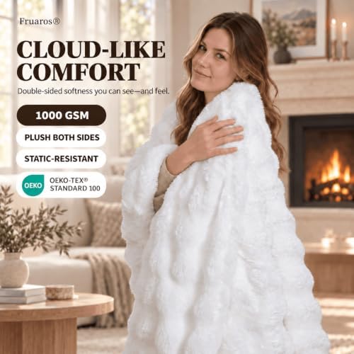 Double-Sided Ultra-Soft Faux Fur Bubble Throw Blanket,Cream
