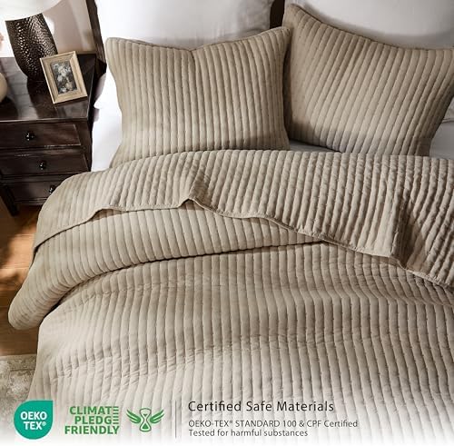 WDCOZY Dark Beige Cross Stitch King Size Quilt Set, Striped