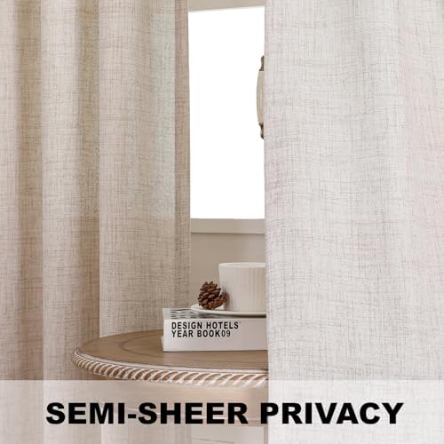 Flyfun Lightweight Linen Curtains 63 Inch Long 2 Panels - Semi Sheer