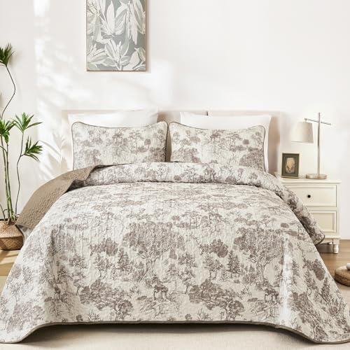 WONGS BEDDING Taupe Quilt Set Queen Size, Botanical Floral Bedspread