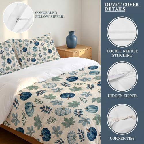 Blue Pumpkins Fall Duvet Cover Set 3 Pieces with Zipper Closure