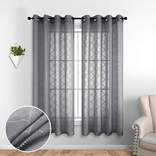 KOUFALL Grey Diamond Pattern Linen Like Sheer Curtain 52 x 63 Inch