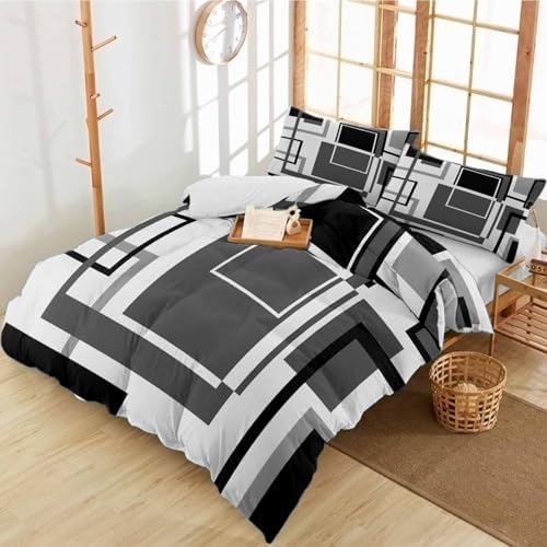 Duvet Cover Set Queen, Geometric Grey Black Abstract Art 3 Piece
