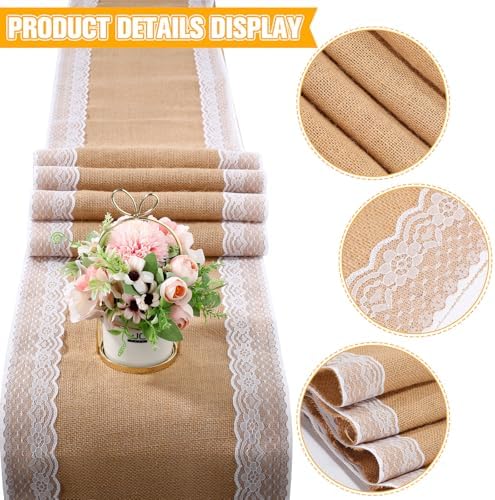 Tatuo 6 Pcs Burlap Table Runners with Lace 12 x 72 Rustic Jute, Cute