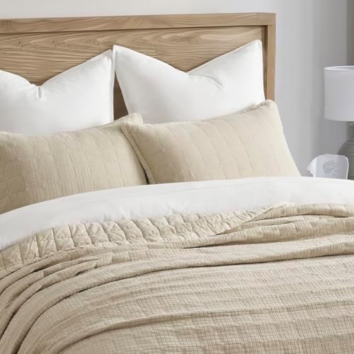 EVERGRACEHOME Stonewashed Cotton Quilt Set, King Size, Flax Beige