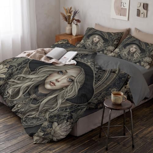 Charcoal Gray Retro Halloween Witch Duvet Cover Set For Women Girls