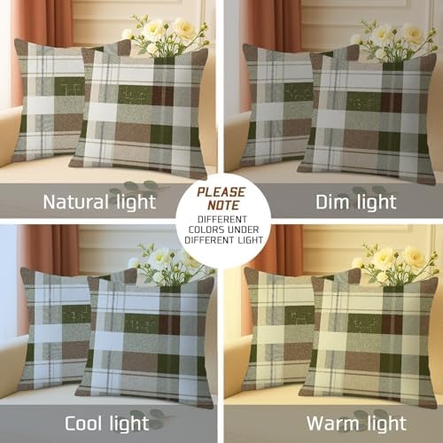 Plaid Throw Pillow Covers Set of 2, Green and Brown Checkered Cushion