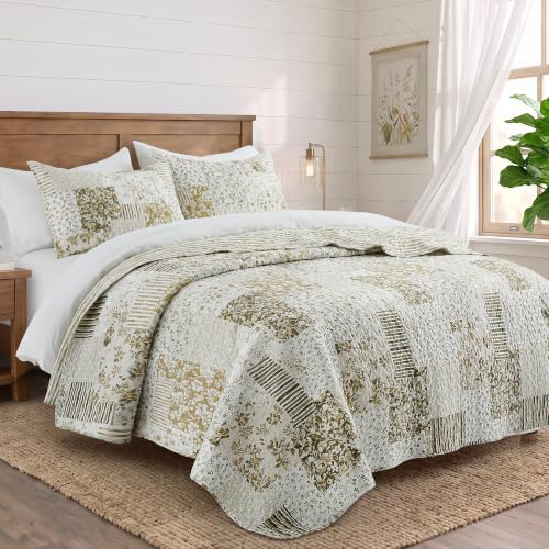 HORIMOTE HOME Patchwork Quilt Set King Size, Beige Plaid Floral Stripe